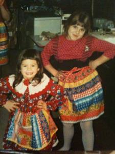 My cousin Dawn (right) and I (left) sporting matching aprons that my grandmother Patty made for us one Christmas years ago.